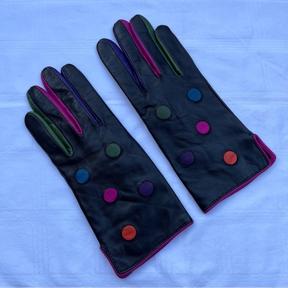Vintage Black Leather Gloves Polka Dot with Hot Pink Trim - Picture 10 of 10